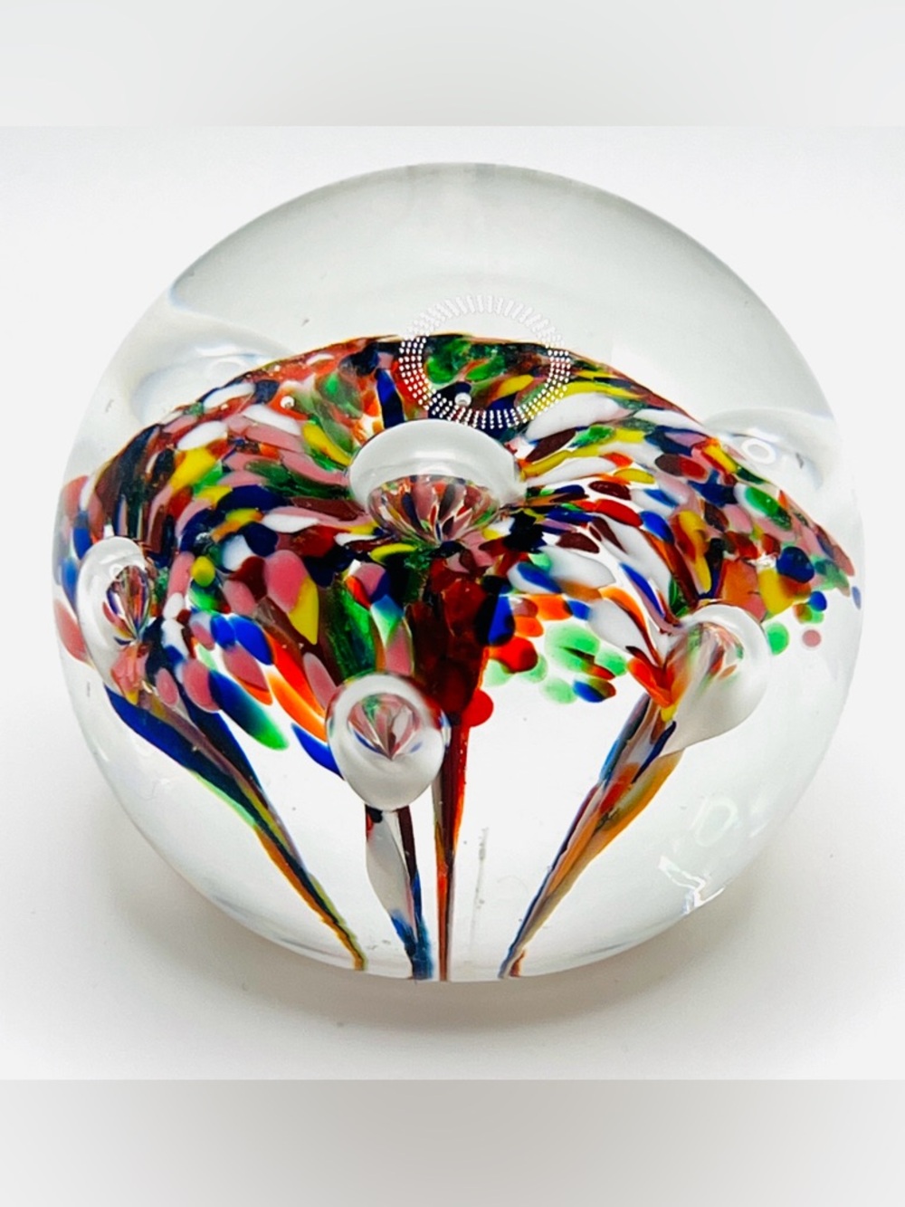 Colorful Art Glass Paperweight Millefiori Multicolor Flower Burst Vintage Style